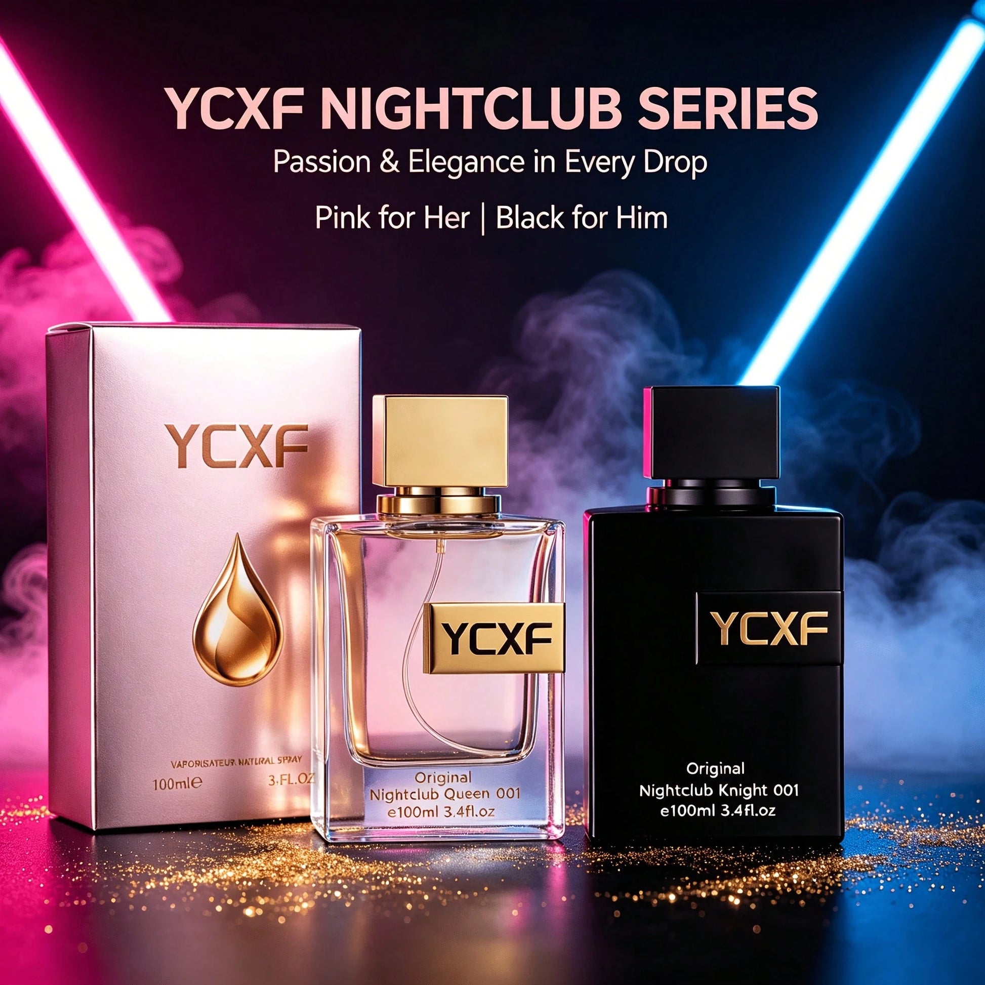 YCXF Party Carnival Perfume Set, Unisex, 3.38 Ounces, Pink Floral And Fruity Scent, For Women, Black Moringa Scent, For Men, Couple's Perfume Gift Set