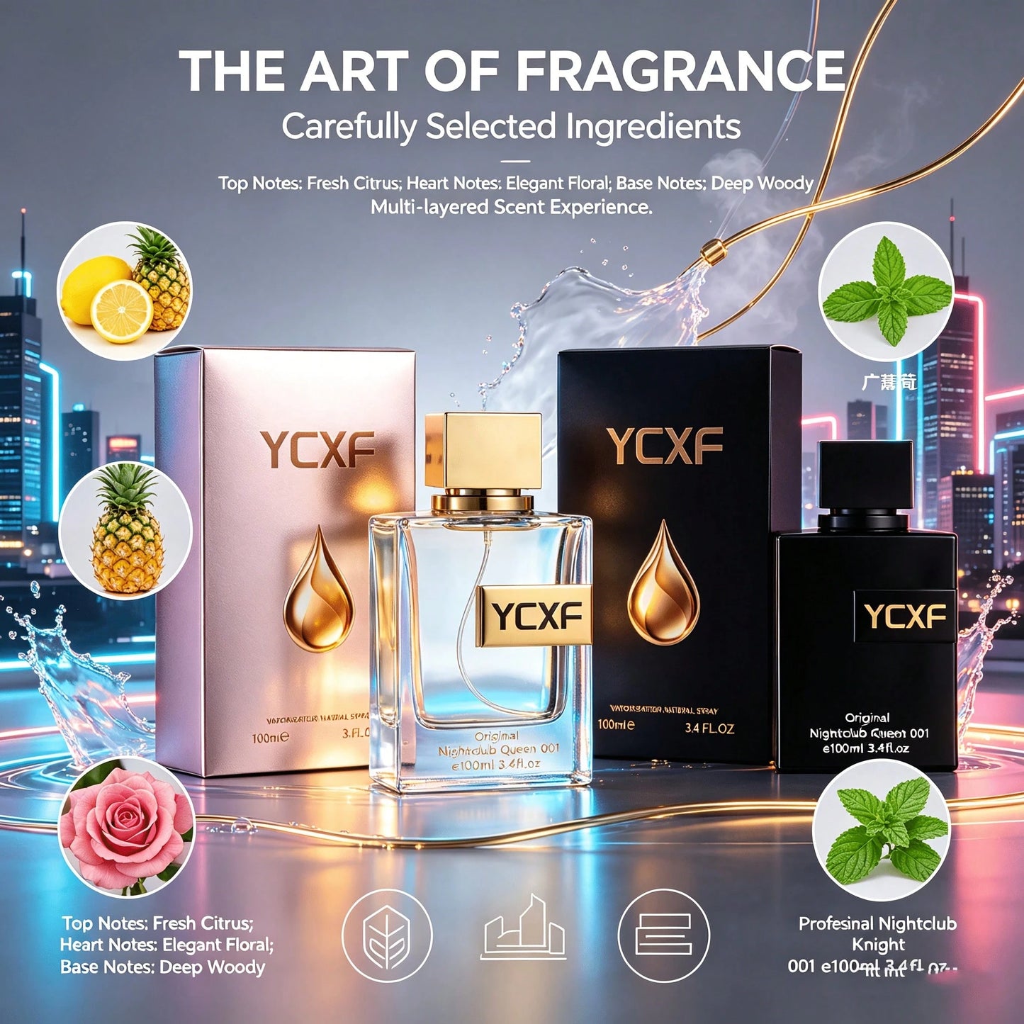YCXF Party Carnival Perfume Set, Unisex, 3.38 Ounces, Pink Floral And Fruity Scent, For Women, Black Moringa Scent, For Men, Couple's Perfume Gift Set