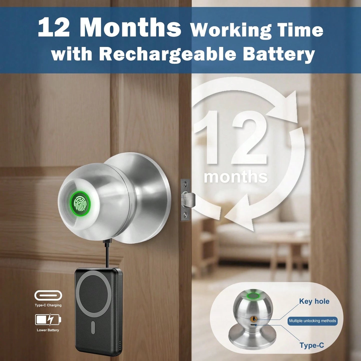 YFK Biometric Smart Fingerprint Door Handle, Keyless Entry Bedroom Door Lock With APP Control & Backup Mechanical Key, Interior Security Lock For Bedroom, Apartment & Office, Black/Silver