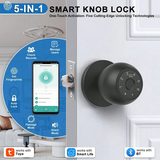 YFK Smart Fingerprint Door Handle, Biometric Door Lock, 5 Unlocking Methods: Fingerprint, NFC Card, Password, App, And Backup Key, Keyless Fingerprint Door Lock, Suitable For Bedrooms, Apartments, And