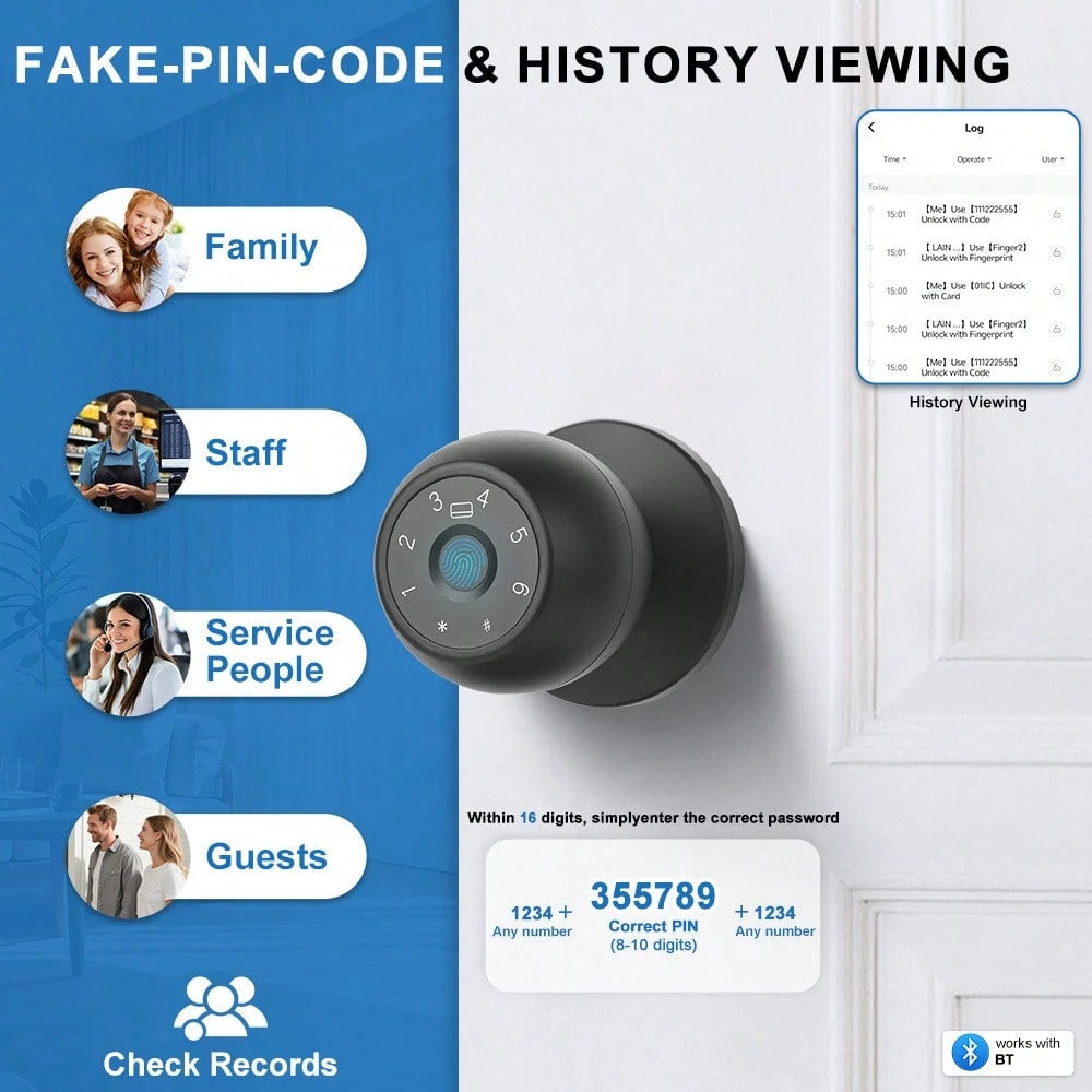 YFK Smart Fingerprint Door Handle, Biometric Door Lock, 5 Unlocking Methods: Fingerprint, NFC Card, Password, App, And Backup Key, Keyless Fingerprint Door Lock, Suitable For Bedrooms, Apartments, And