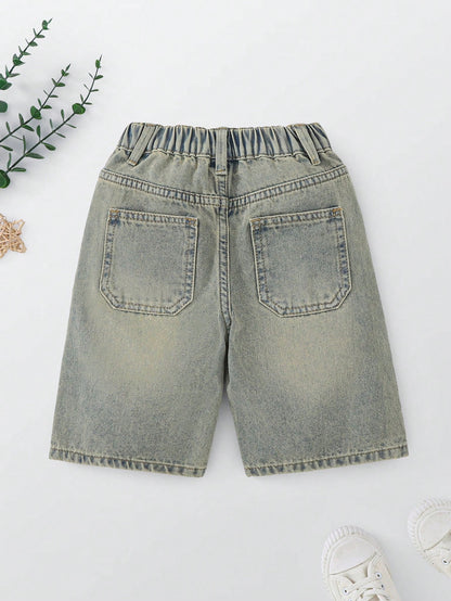 Young Boy Casual Versatile All-Match Comfortable Vintage Washed Blue Denim Bermuda Shorts, School, Campus, College Summer Holiday