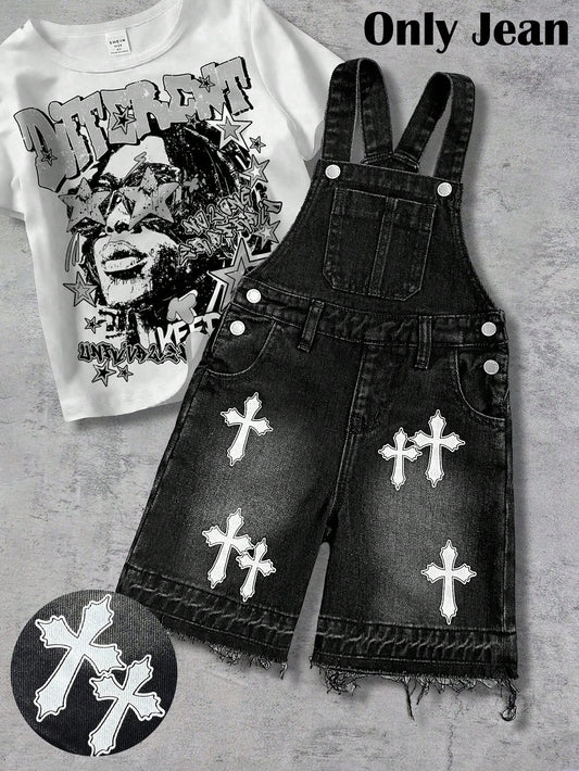 Young Boy Distressed Urban Street Cool Style Cross Pattern Black Denim Loose Bib Jeans Shorts Overalls Jumpsuit Spring Summer,For Kids Boys Spring/Summer Dailywear Outfits,Boys Streetwear Outfit