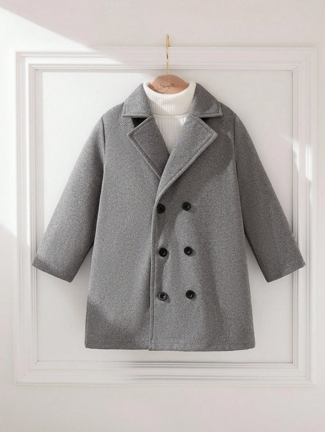Young Boy Lapel Neck Double Breasted Overcoat
