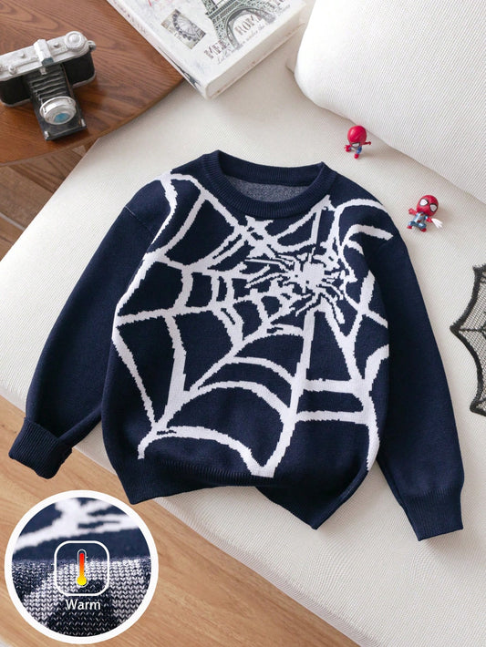 Young Boy Street Style Spider Graphic Knit Pullover Sweater, Suitable For Halloween, Everyday Wear, Spring/Autumn/Winter