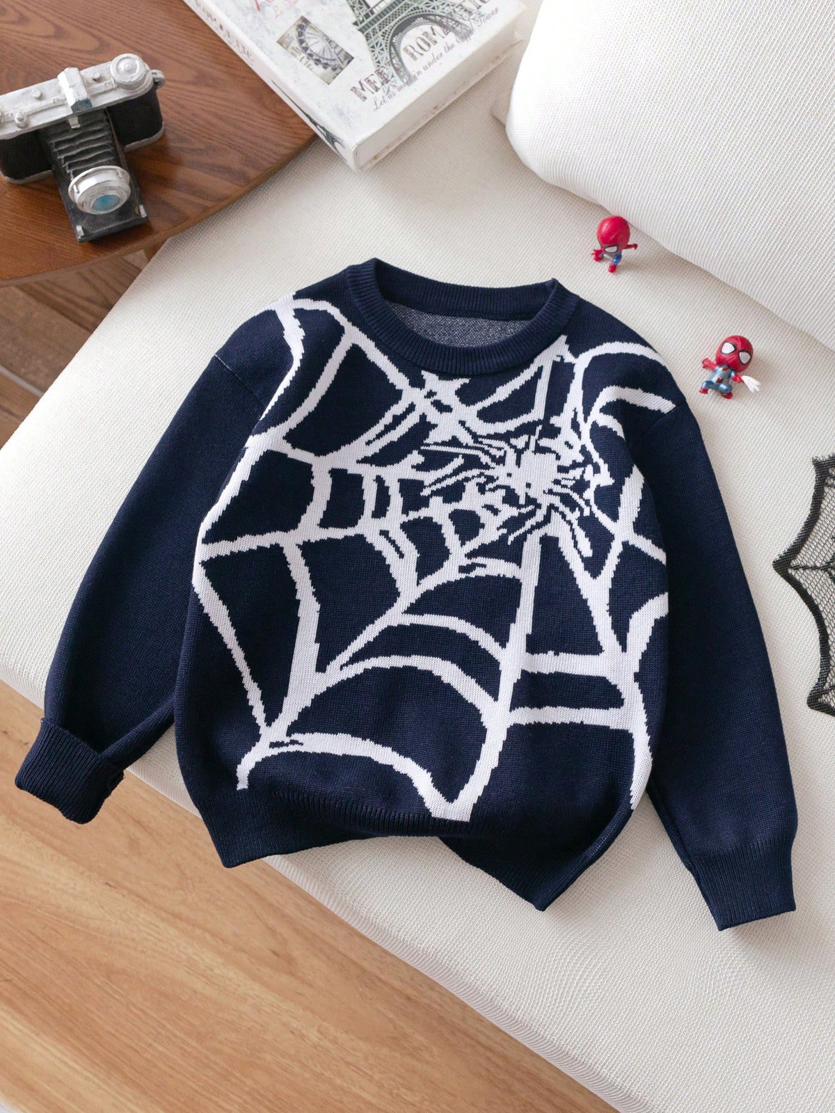 Young Boy Street Style Spider Graphic Knit Pullover Sweater, Suitable For Halloween, Everyday Wear, Spring/Autumn/Winter