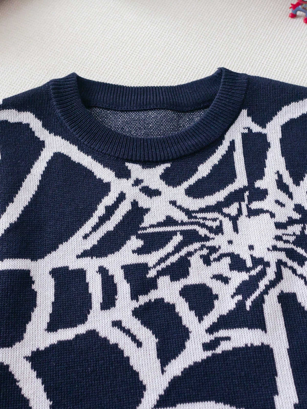 Young Boy Street Style Spider Graphic Knit Pullover Sweater, Suitable For Halloween, Everyday Wear, Spring/Autumn/Winter