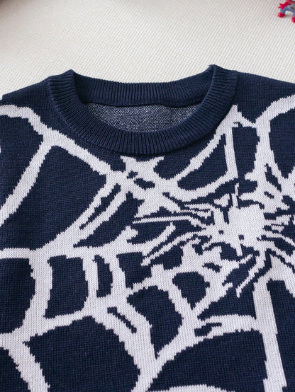Young Boy Street Style Spider Graphic Knit Pullover Sweater, Suitable For Halloween, Everyday Wear, Spring/Autumn/Winter