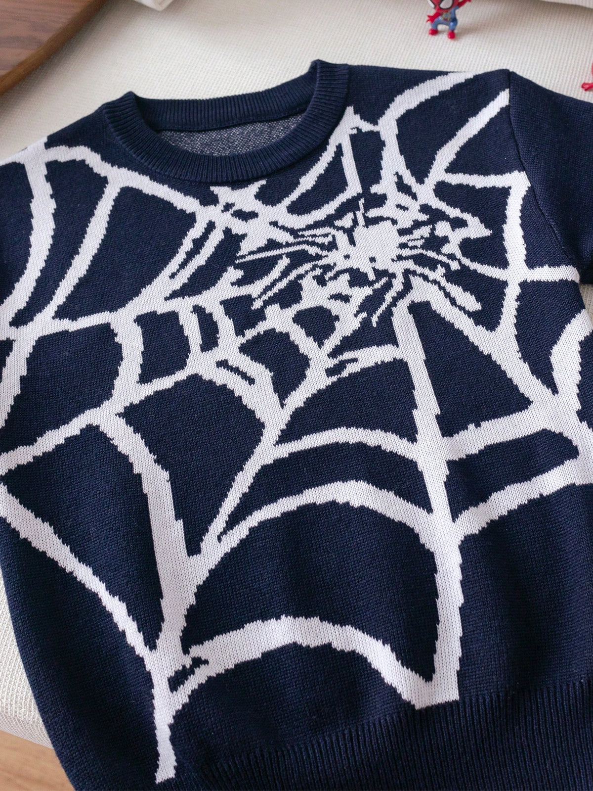 Young Boy Street Style Spider Graphic Knit Pullover Sweater, Suitable For Halloween, Everyday Wear, Spring/Autumn/Winter