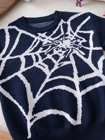 Young Boy Street Style Spider Graphic Knit Pullover Sweater, Suitable For Halloween, Everyday Wear, Spring/Autumn/Winter
