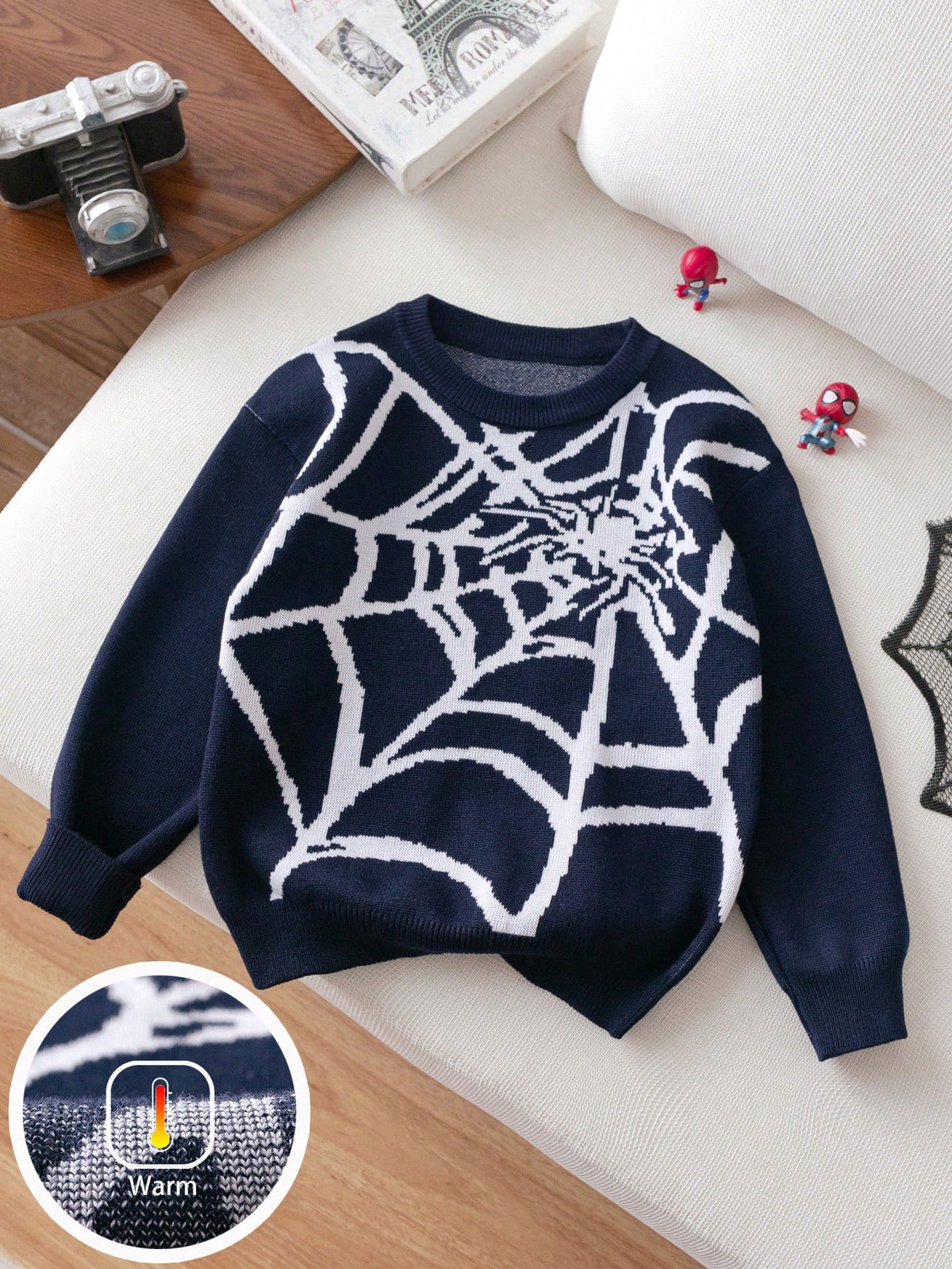 Young Boy Street Style Spider Graphic Knit Pullover Sweater, Suitable For Halloween, Everyday Wear, Spring/Autumn/Winter