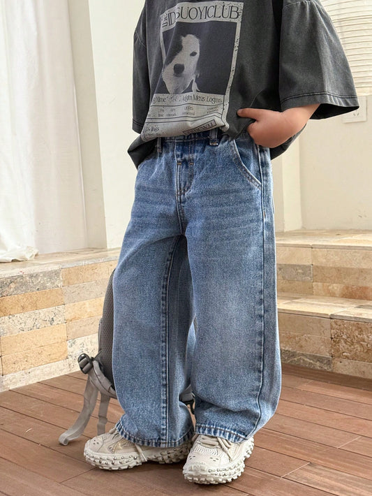 Young Boy Trending Stonewashed Casual Wide Leg Baggy Blue Denim Jeans, Kids Spring/Summer Daily Wear