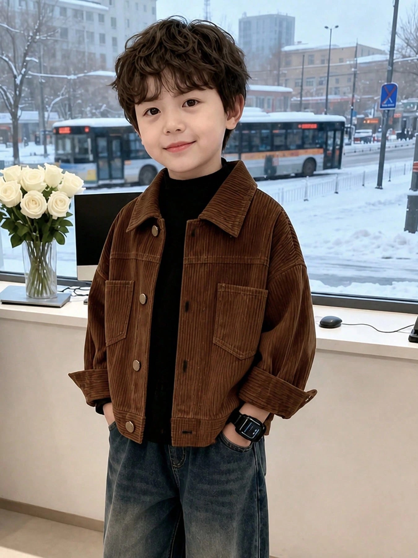Young BoyCorduroy Jacket, Young Boy Casual Bomber Coat, Fashion Versatile Outerwear For Infants & Little Kids