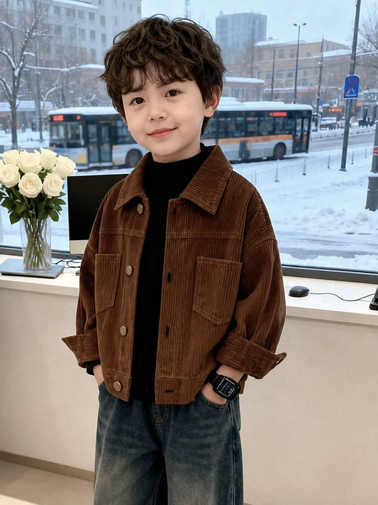 Young BoyCorduroy Jacket, Young Boy Casual Bomber Coat, Fashion Versatile Outerwear For Infants & Little Kids