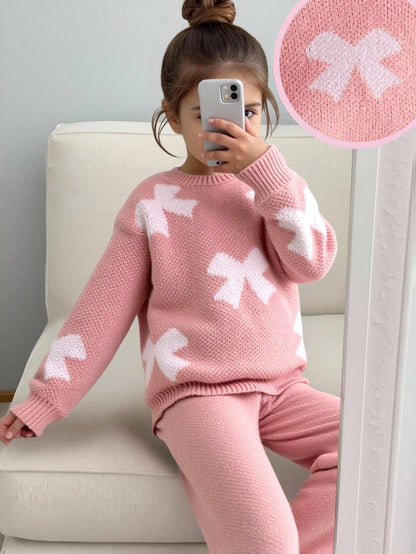 Young Girl Floral Pattern Pink Long Sleeve Sweater & Elastic Waist Pants Set, Casual For Autumn/Winter Fall