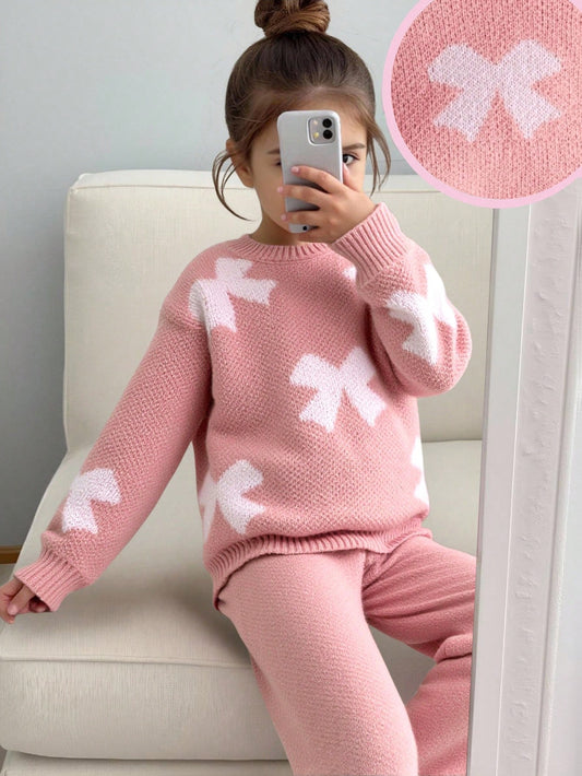 Young Girl Floral Pattern Pink Long Sleeve Sweater & Elastic Waist Pants Set, Casual For Autumn/Winter Fall