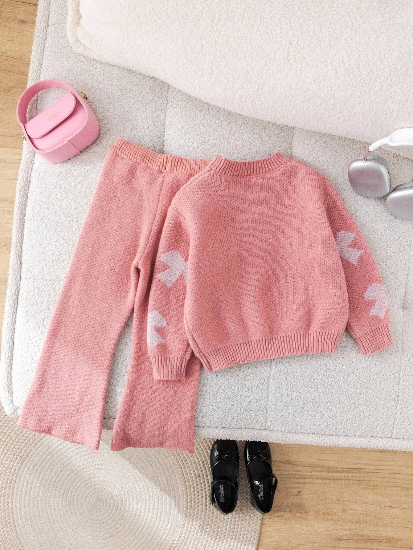 Young Girl Floral Pattern Pink Long Sleeve Sweater & Elastic Waist Pants Set, Casual For Autumn/Winter Fall