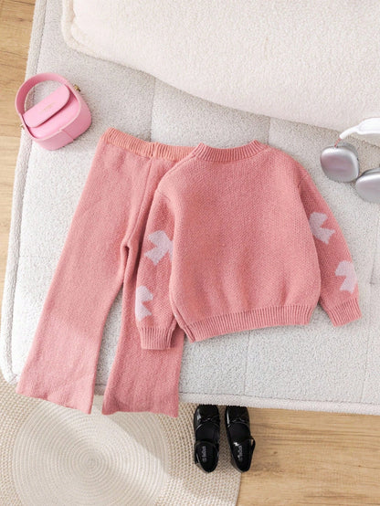 Young Girl Floral Pattern Pink Long Sleeve Sweater & Elastic Waist Pants Set, Casual For Autumn/Winter Fall