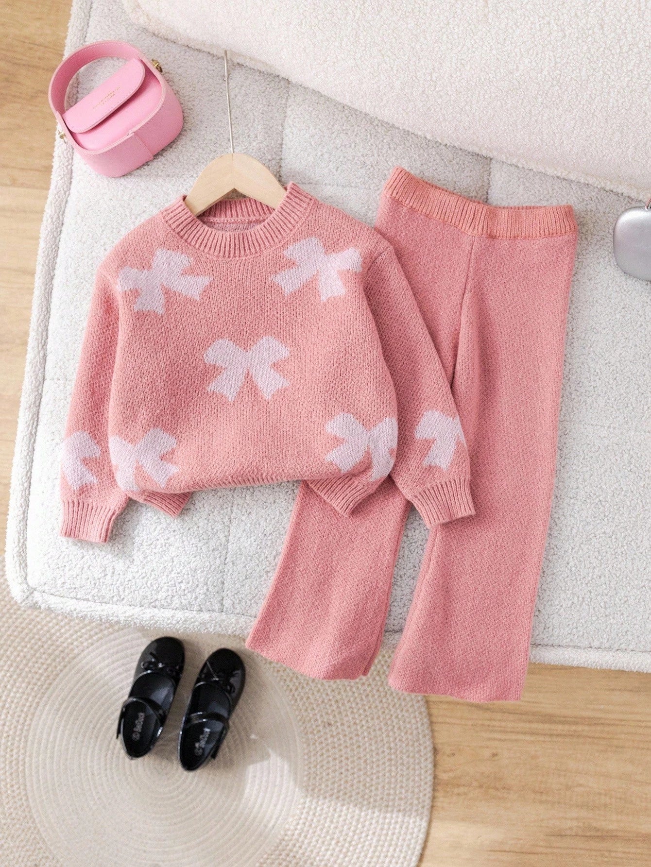 Young Girl Floral Pattern Pink Long Sleeve Sweater & Elastic Waist Pants Set, Casual For Autumn/Winter Fall