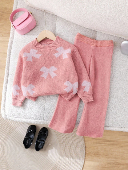 Young Girl Floral Pattern Pink Long Sleeve Sweater & Elastic Waist Pants Set, Casual For Autumn/Winter Fall