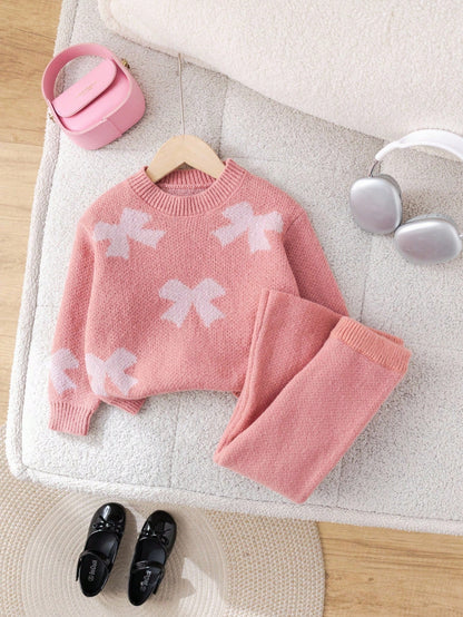Young Girl Floral Pattern Pink Long Sleeve Sweater & Elastic Waist Pants Set, Casual For Autumn/Winter Fall