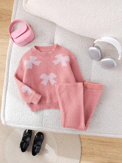 Young Girl Floral Pattern Pink Long Sleeve Sweater & Elastic Waist Pants Set, Casual For Autumn/Winter Fall