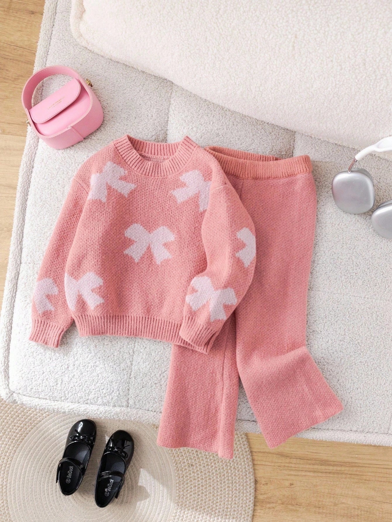 Young Girl Floral Pattern Pink Long Sleeve Sweater & Elastic Waist Pants Set, Casual For Autumn/Winter Fall