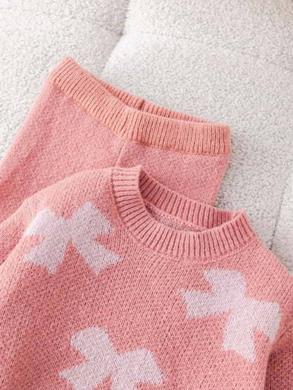 Young Girl Floral Pattern Pink Long Sleeve Sweater & Elastic Waist Pants Set, Casual For Autumn/Winter Fall