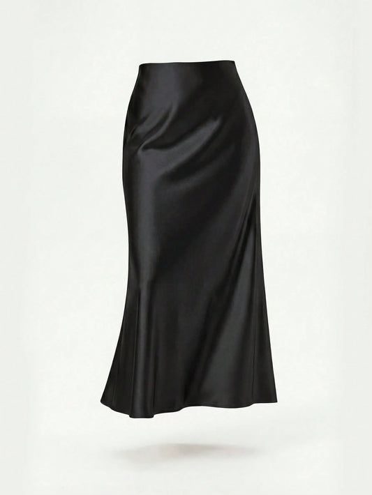 YROOE Women's Fashion All-Season Satin Elastic Waist Maxi Skirt Spring Black, Aesthetic