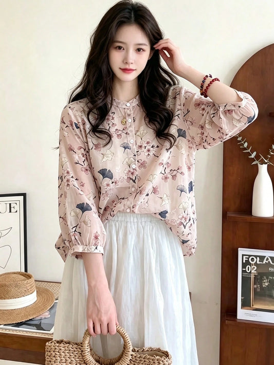 YUXIN Women's Loose Retro Ditsy Floral V-Neck 3/4 Sleeve Blouse, Summer Vacation Pink Spring