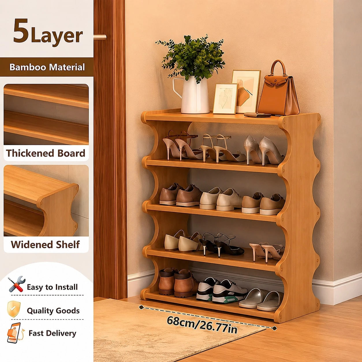 Yworvi A [Bamboo Shoe Rack] Christmas Gift Bamboo Shoe Rack| Wood Grain Veneer Shoe Storage Rack, Easy To Assemble, Space-Saving, Suitable For Front Door Entrance, Entryway, Living Room, Bedroom, Gar