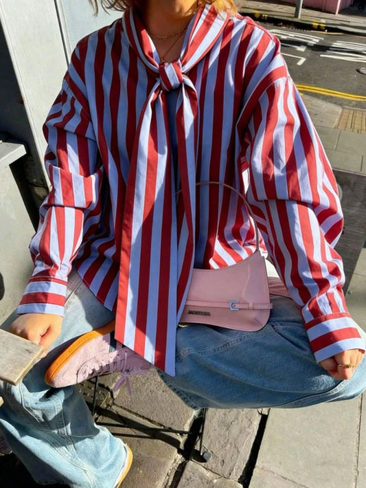 ZAHM Women's Vertical Striped Collar Long Sleeve Shirt, Loose Cuffed Sleeve Casual Business Commute School Style Top Red