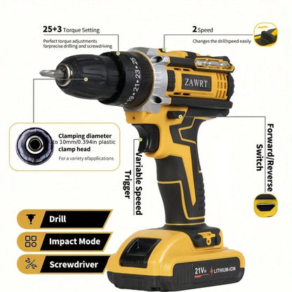 ZAWRT 21V Cordless Impact Wrench, Wireless Drill Kit, Brushless Electric Impact Gun Drill, Equipped With 2pcs Batteries, Toolbox, Charger, 6 Sockets And Complete Accessories, For Cars, Heavy Duty DIY
