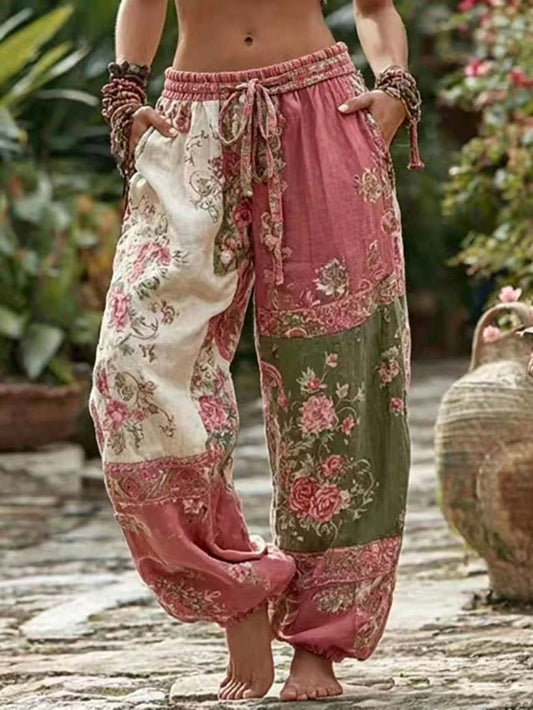 Zayélia Women's Bamboo Knot Trousers, Vintage Print Pattern, Vacation, Summer