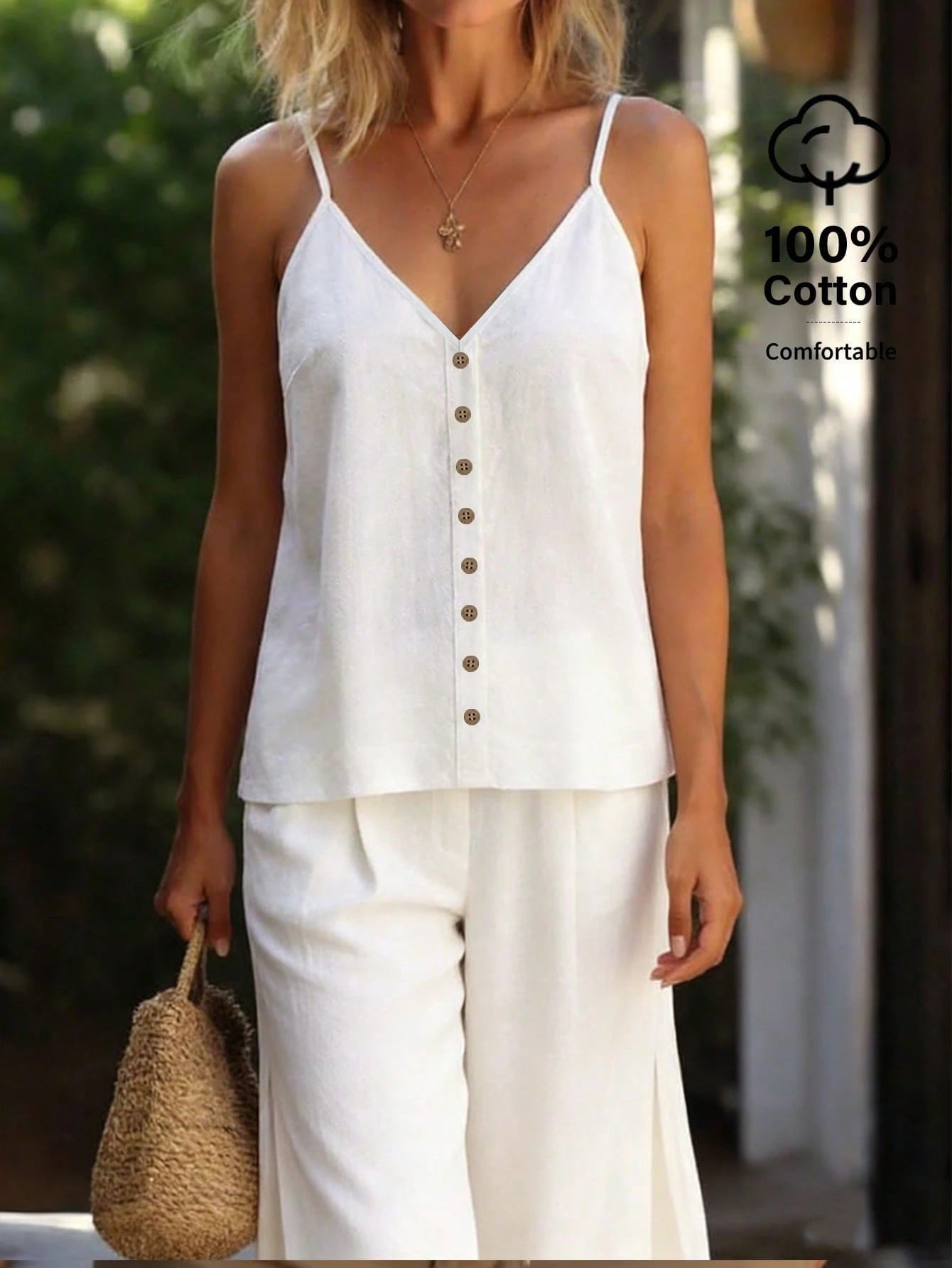 Zayélia Women's Solid Color Casual Loose Button Decor Camisole Vacation All White Summer