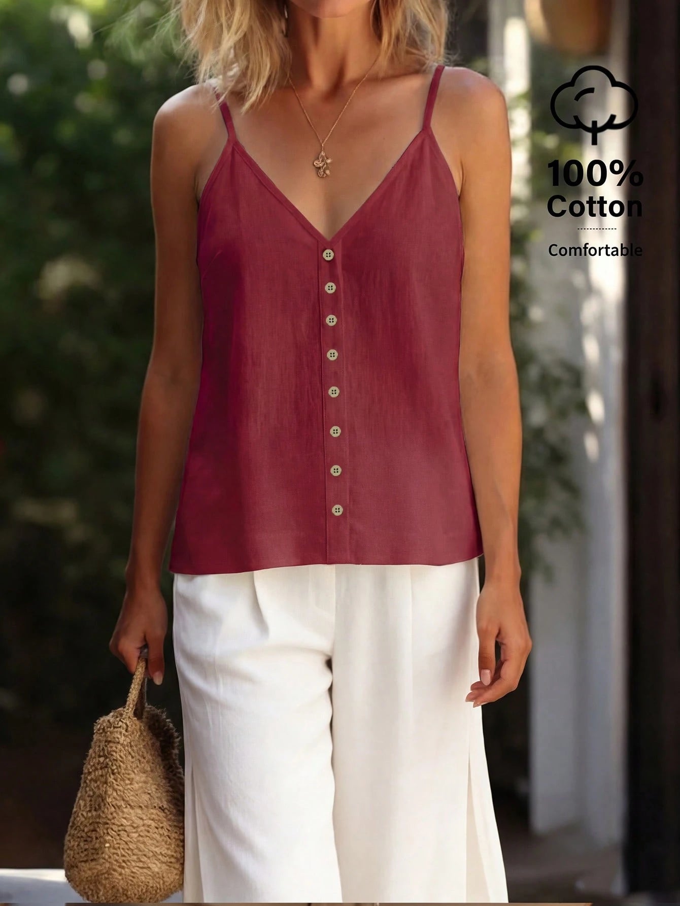 Zayélia Women's Solid Color Casual Loose Button Decor Camisole Vacation All White Summer
