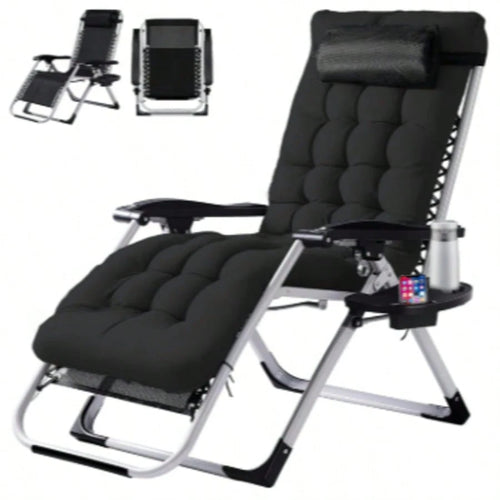 Zero Gravity Chair, Folding Reclining Patio Lounge Chair With Cup Holder Side Tray & Removable Cushion, 440lbs Heavy Duty Metal Frame Adjustable Recliner For Camping, Beach, Pool, Lawn & Indoor Use