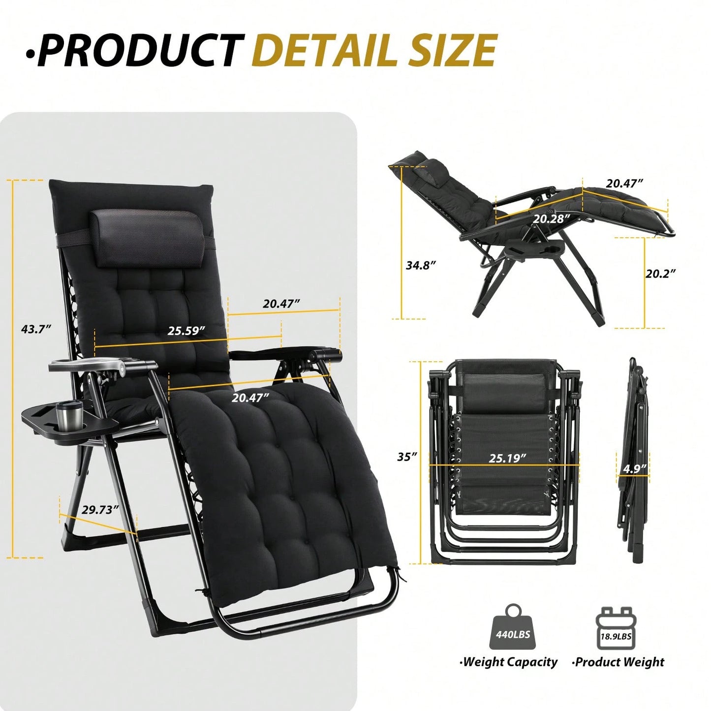 Zero Gravity Chair, Folding Reclining Patio Lounge Chair With Cup Holder Side Tray & Removable Cushion, 440lbs Heavy Duty Metal Frame Adjustable Recliner For Camping, Beach, Pool, Lawn & Indoor Use