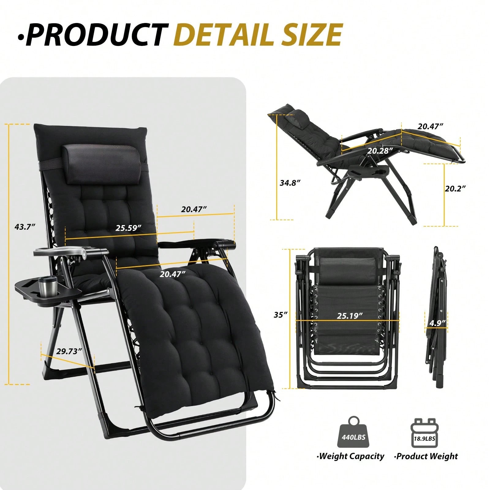 Zero Gravity Chair, Folding Reclining Patio Lounge Chair With Cup Holder Side Tray & Removable Cushion, 440lbs Heavy Duty Metal Frame Adjustable Recliner For Camping, Beach, Pool, Lawn & Indoor Use