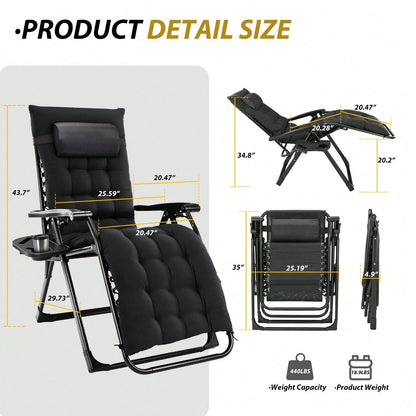 Zero Gravity Chair, Folding Reclining Patio Lounge Chair With Cup Holder Side Tray & Removable Cushion, 440lbs Heavy Duty Metal Frame Adjustable Recliner For Camping, Beach, Pool, Lawn & Indoor Use