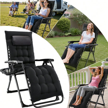 Zero Gravity Chair, Folding Reclining Patio Lounge Chair With Cup Holder Side Tray & Removable Cushion, 440lbs Heavy Duty Metal Frame Adjustable Recliner For Camping, Beach, Pool, Lawn & Indoor Use
