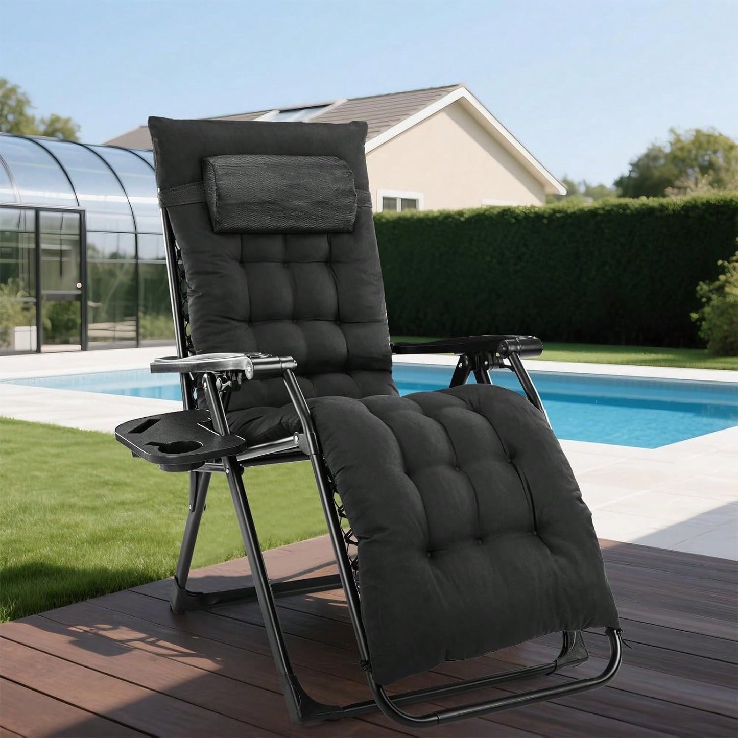 Zero Gravity Chair, Folding Reclining Patio Lounge Chair With Cup Holder Side Tray & Removable Cushion, 440lbs Heavy Duty Metal Frame Adjustable Recliner For Camping, Beach, Pool, Lawn & Indoor Use
