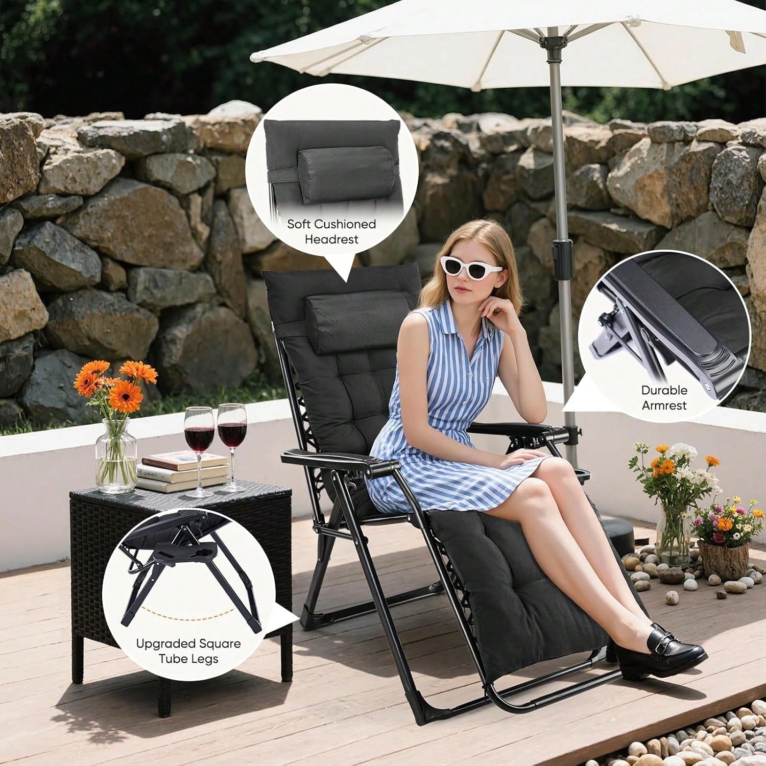 Zero Gravity Chair, Folding Reclining Patio Lounge Chair With Cup Holder Side Tray & Removable Cushion, 440lbs Heavy Duty Metal Frame Adjustable Recliner For Camping, Beach, Pool, Lawn & Indoor Use
