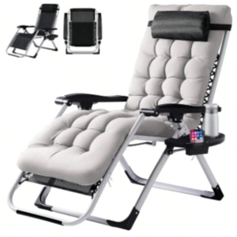 Zero Gravity Chair, Folding Reclining Patio Lounge Chair With Cup Holder Side Tray & Removable Cushion, 440lbs Heavy Duty Metal Frame Adjustable Recliner For Camping, Beach, Pool, Lawn & Indoor Use