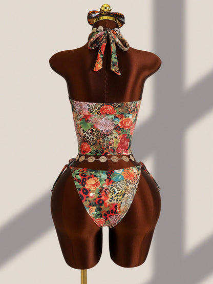 Zestiva 2pcs Women's Summer Beach Vacation Random Print Metal Decor Tie Side Triangle Tankini Set