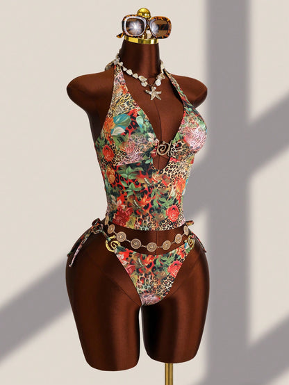 Zestiva 2pcs Women's Summer Beach Vacation Random Print Metal Decor Tie Side Triangle Tankini Set