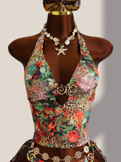 Zestiva 2pcs Women's Summer Beach Vacation Random Print Metal Decor Tie Side Triangle Tankini Set