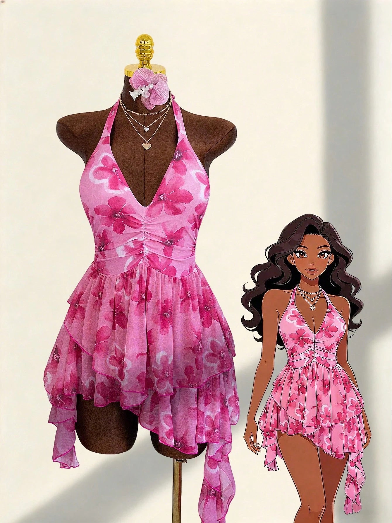 Zestiva-D Women's Summer Pink Rose Print Halter Deep V One-Piece Swimsuit,Multi-Layer Asymmetrical Chiffon Skirt,Tropical Beach Vacation Holiday Slim