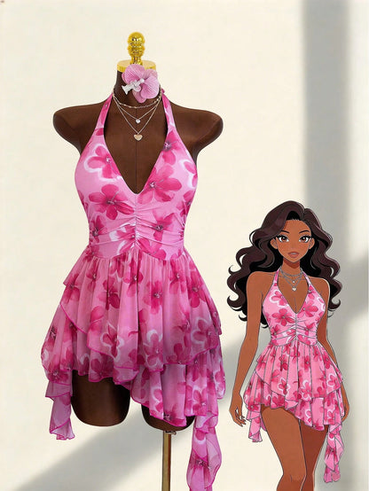 Zestiva-D Women's Summer Pink Rose Print Halter Deep V One-Piece Swimsuit,Multi-Layer Asymmetrical Chiffon Skirt,Tropical Beach Vacation Holiday Slim