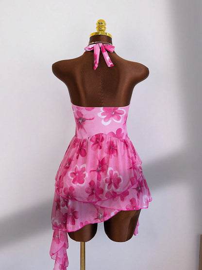 Zestiva-D Women's Summer Pink Rose Print Halter Deep V One-Piece Swimsuit,Multi-Layer Asymmetrical Chiffon Skirt,Tropical Beach Vacation Holiday Slim